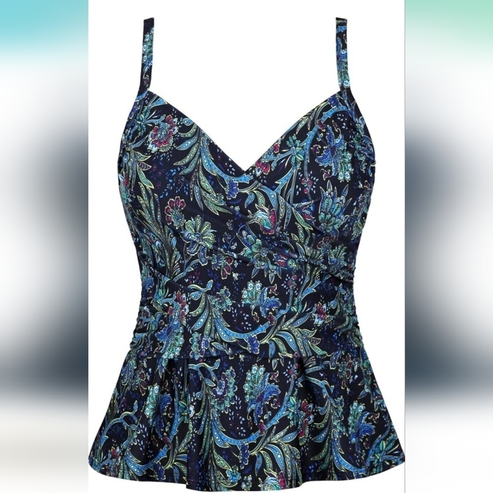 Cindy's Aunt Black & Blue Paisley Swimsuit Tankini Top Only‎ V Neck Peplum Waist